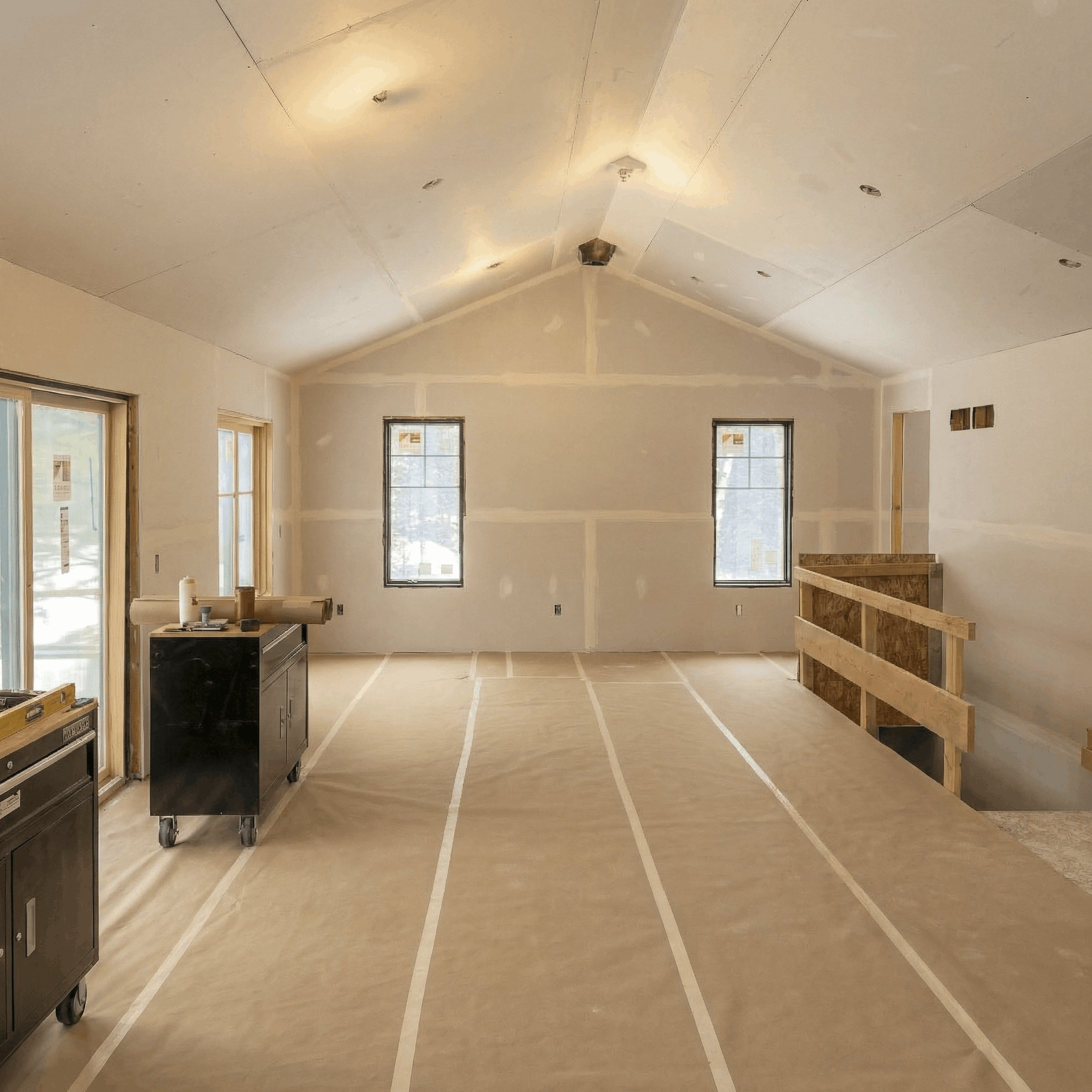 Interior of newLiving space addition in Michigan showing drywall installation, taped seams, and large windows
